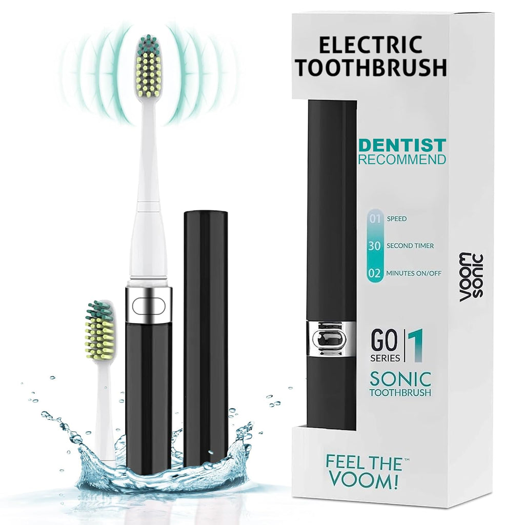 Voom Sonic 2-Pack Hers & His Go 1 Series Travel Electric Toothbrush (Rose Gold & Black), Travel Toothbrushes - Battery Operated Toothbrush for Adults & Kids, Dentist Recommended Toothbrush