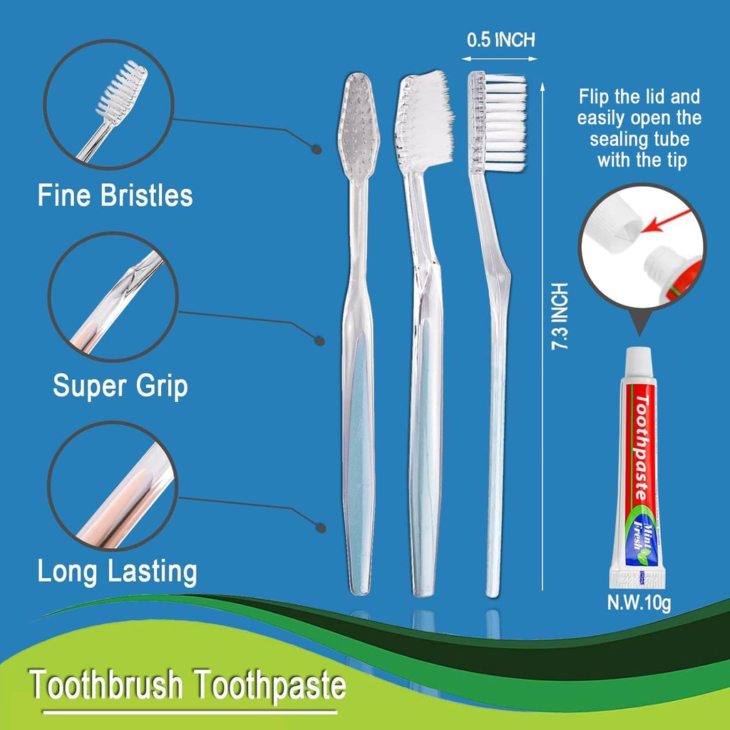 100 pcs Disposable Toothbrushes with Toothpaste, 2 Color Toothbrushes and Toothpaste 10g, Bulk for Homeless, Airbnb, Hotel