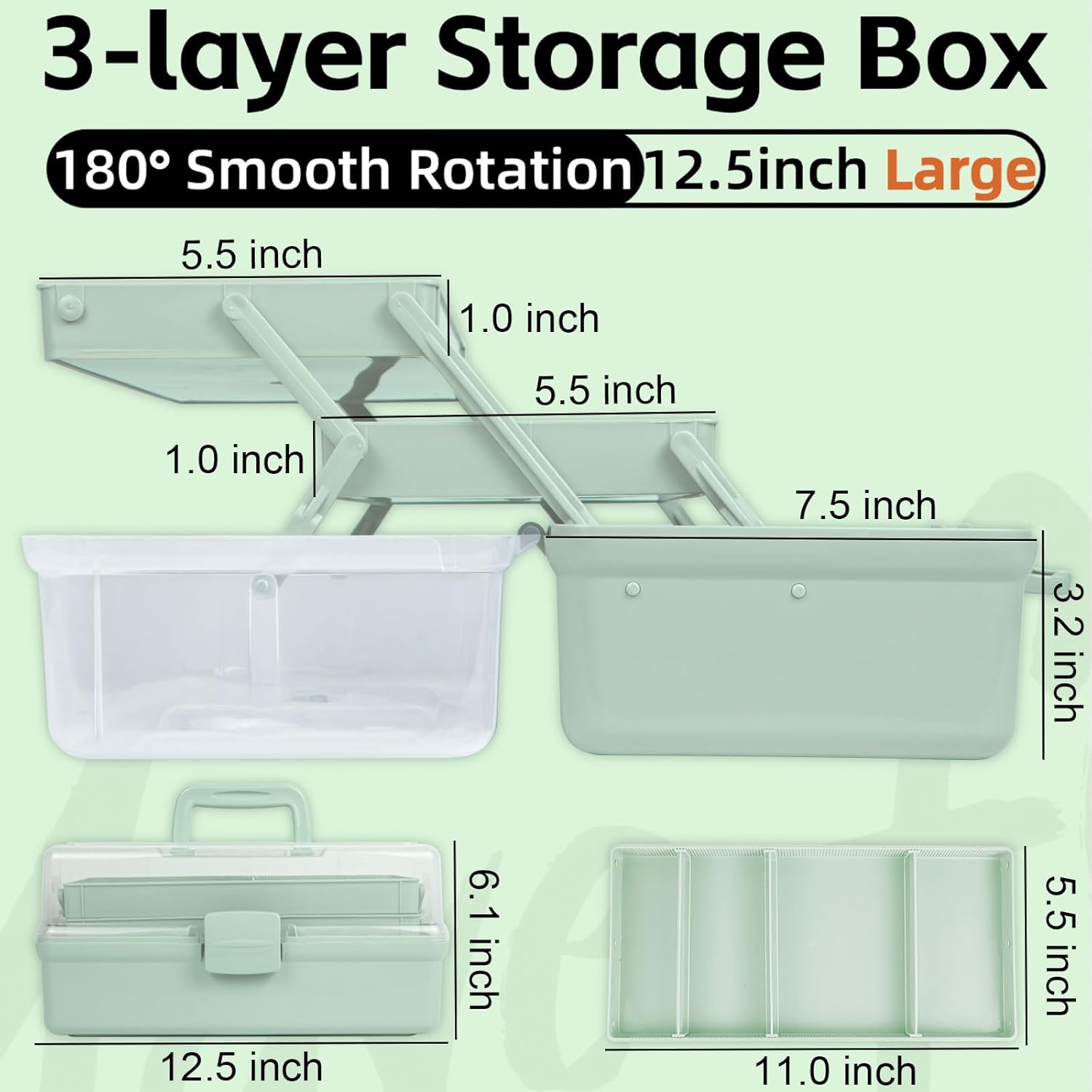 12.5in 3-Layer Multipurpose Craft Organizers and Storage with Adjustable Dividers, Portable Tackle Box, Folding Art & Craft Case for Medicine, Tool, Sewing Organizer (Haze Green)