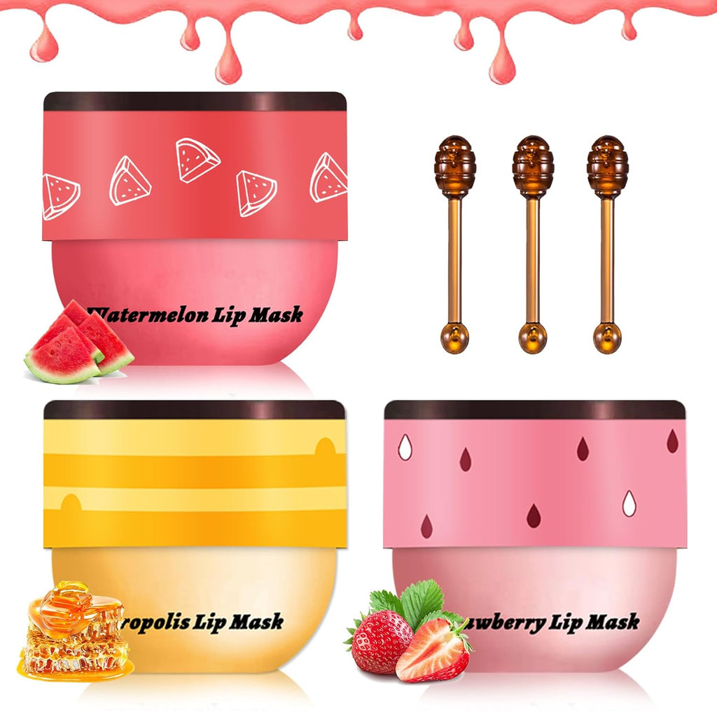 3PCS Bee Lip Balm Honey Pot Honey Strawberry Watermelon Sleeping Lip Mask Silky Hydrating Bee Lip Balm Honey Lip Mask Overnight LipCare Products(Honey+Strawberry+Watermelon)