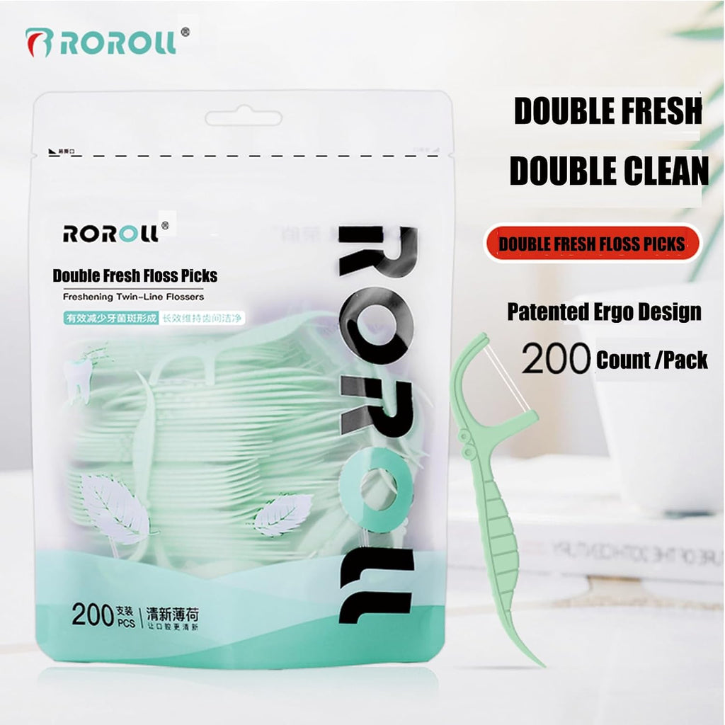 Mint Twin Line Dental Floss Picks - 400 Count (2 Packs of 200) | Minty Fresh Floss Sticks for Adults | Unique Seahorse Design | Individually Wrapped for Hygiene & Convenience