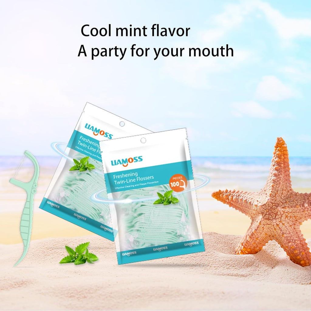 Mint Flavor 400 Count Dental Flossers,LIAMOSS Double Thread Floss Picks Thorough Cleans Teeth in One Minute,Glides Well Between Tight Teeth,Encourage Flossing Habits(Mint,4 Pack)