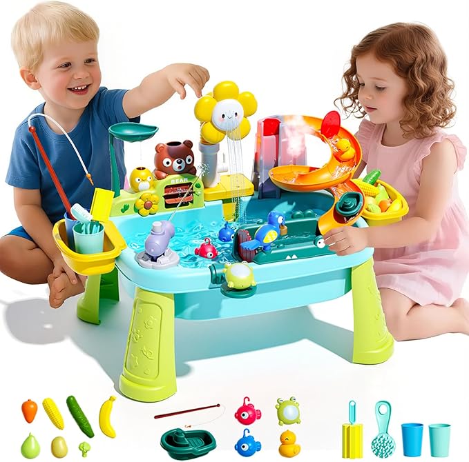 2026 Upgraded Toddler Sand Water Table Toy with Electric Water Pump, Kids Sand Water with Faucet/Play Food Accessories/Fishing Toy, Kitchen Play Sink Toys for Girl Boy Age 3+ (Blue)