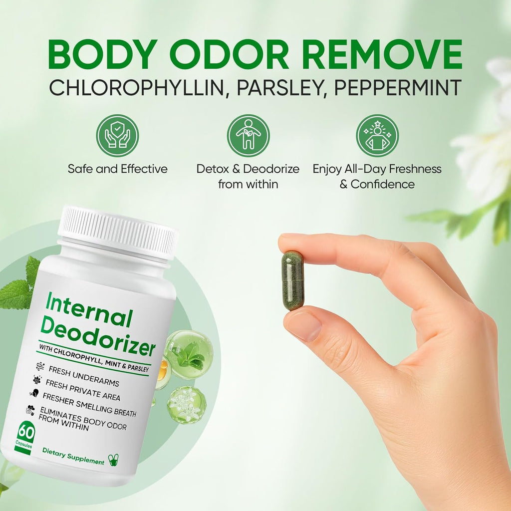 Internal Deodorizer - Breath Freshening, Body Deodorizing Supplement with Chlorophyll, Mint & Parsley, Chlorophyll Deodorant Capsules for Body Odor, Bad Breath, 60 Count