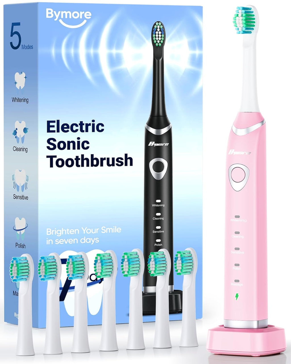 Bymore Electric Toothbrush for Adults,Travel SonicToothbrush with 8 Replacement Heads, Ultra Clean RechargeableToothbrush Portable Electric Toothbrush-Dark Pink