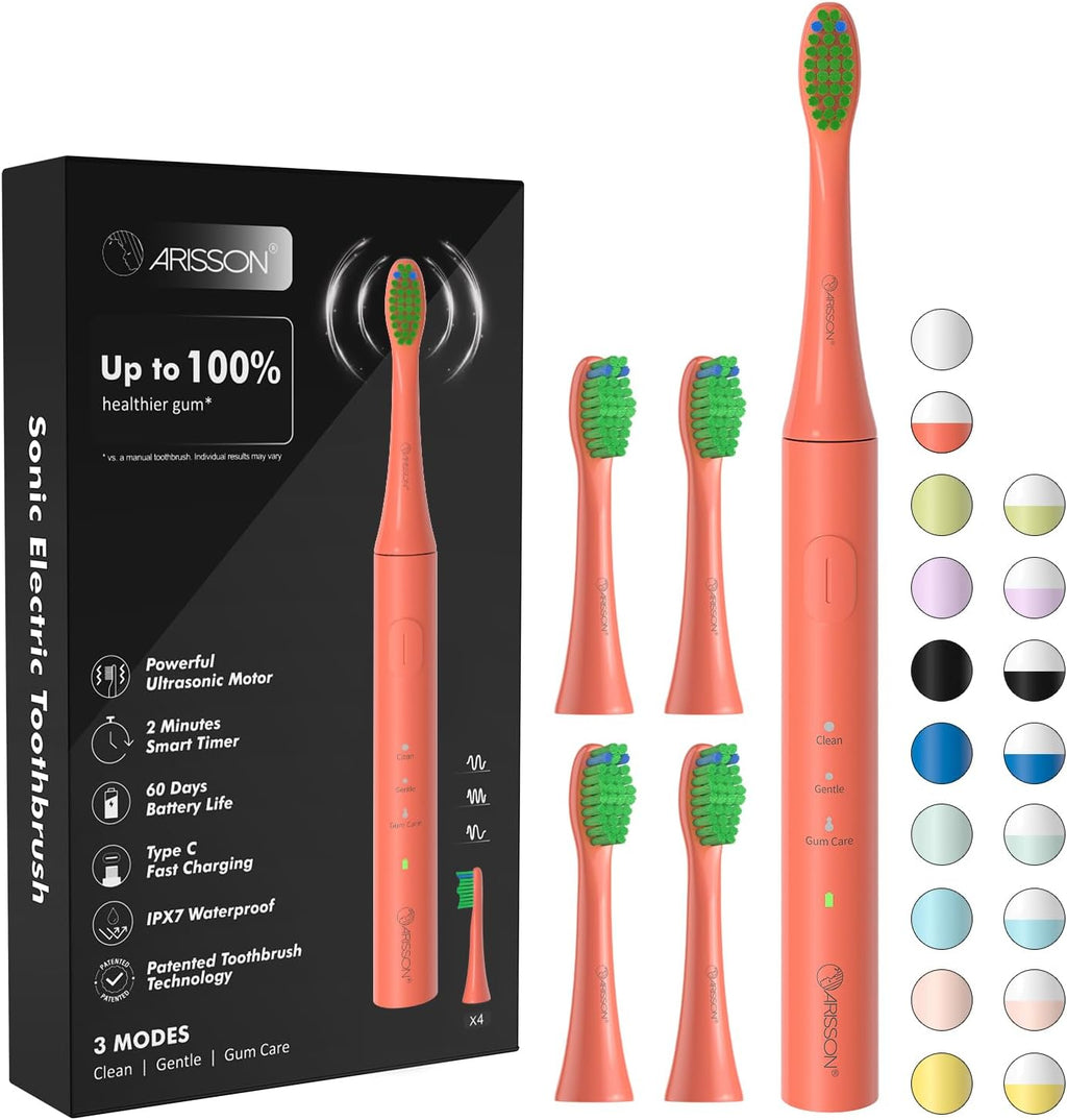 ARISSON Sonic Electric Toothbrush for Adults and Kids, 40,000 VPM Power Toothbrush, 1.5H Fast Charge Ultrasonic Electric Toothbrushes with 2 Minutes Smart Timer, 1.6 Oz Travel Toothbrush, Peach Orange