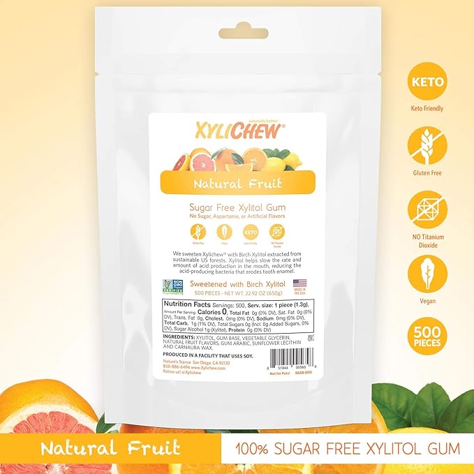 Xylichew 100% Xylitol Chewing Gum - Non GMO, Non Aspartame, Gluten Free, and Sugar Free Gum - Natural Oral Care, Relieves Bad Breath and Dry Mouth - Fruit, 500 Count