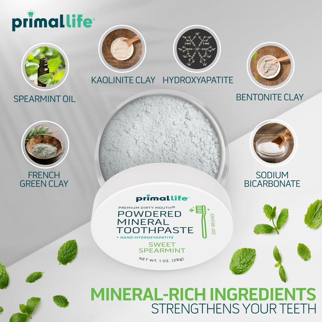Primal Life Organics - Dirty Mouth Toothpowder, Tooth Cleaning Powder, Flavored Essential Oils with Natural Kaolin & Bentonite Clay, Good for 200+ Brushings, Organic, Vegan (Sweet Spearmint, 1 oz)