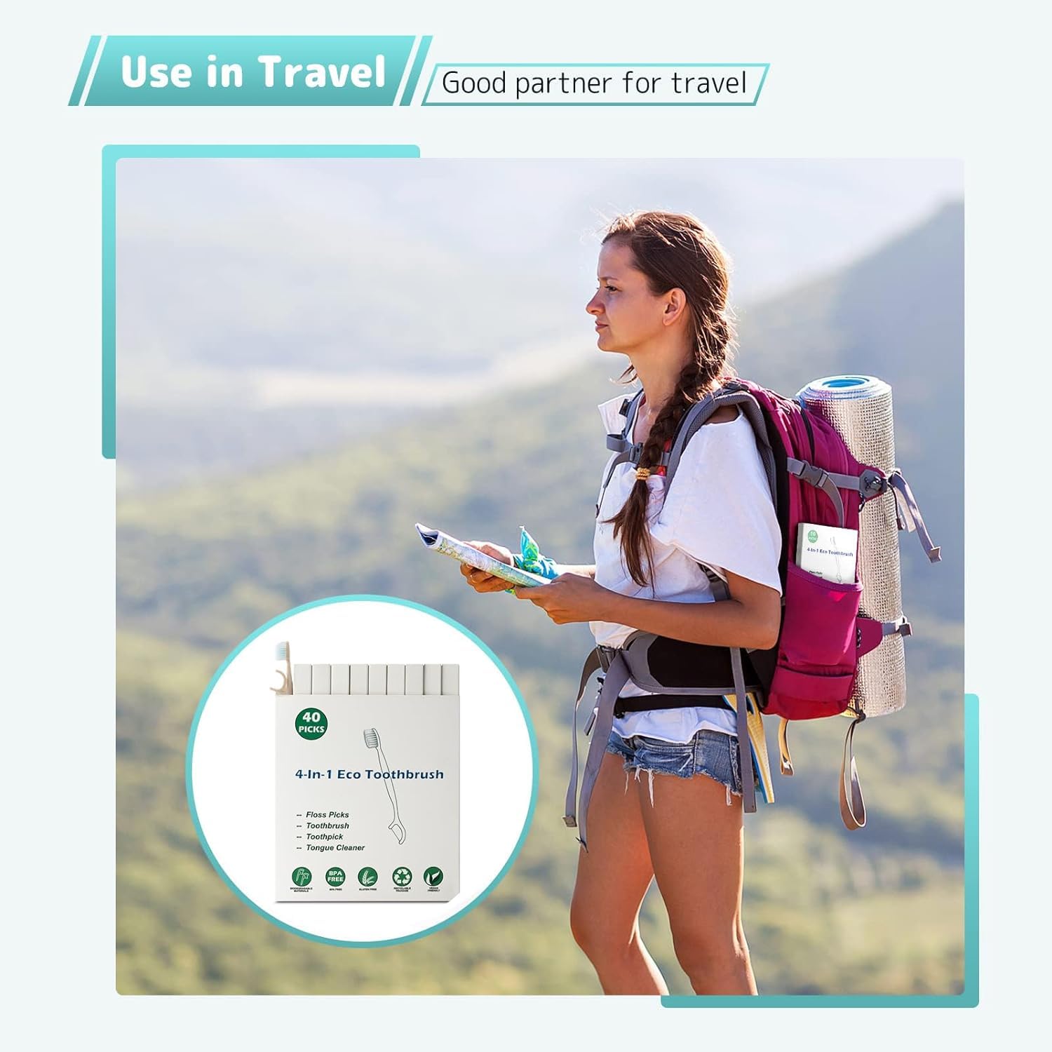 Travel Toothbrush Dental Floss Picks - 4 in 1 Biodegradable Disposable Toothbrushes with Tongue Scraper, Eco-Friendly Individually Wrapped Toothbrush for Adult Kids Travel Oral Care, 80 Pack