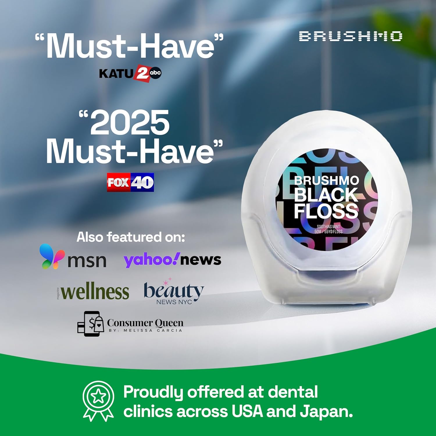 Brushmo Black Floss (BBFloss) - Expanding Floss, Gum-Friendly Soothing Mint Dental Floss, Natural Vegan Wax to Remove Plaque from Teeth, US-Dentist Designed PTFE & PFAS Free Oral Care, 1 Spool, 55 yd
