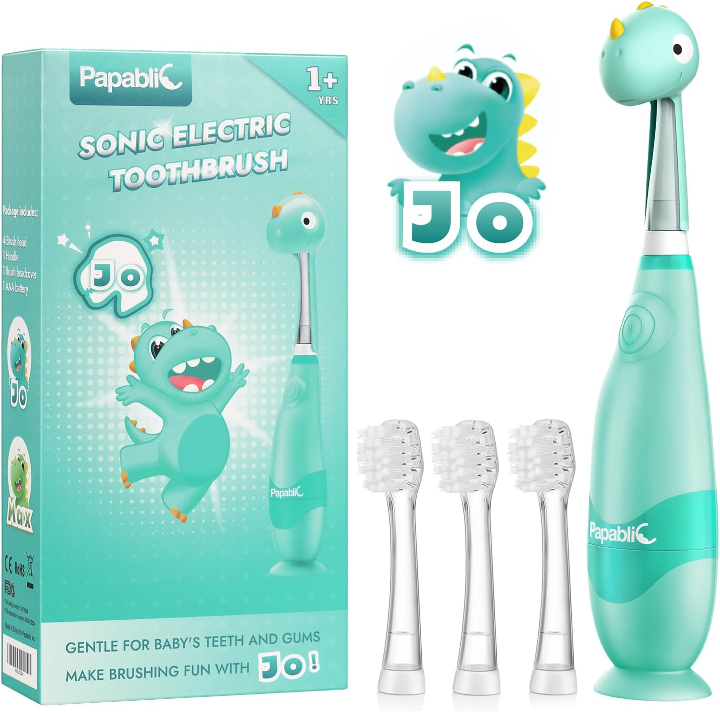 Papablic Toddler Sonic Electric Toothbrush Kids for Ages 1-3 Years, Baby Electric Toothbrush with Cute Dino Cover and Smart LED Timer, 4 Brush Heads (Jo)