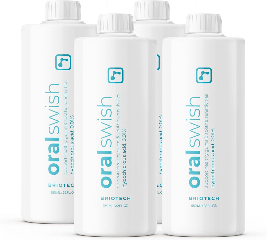 BRIOTECH Oral Swish, Hypochlorous Acid Mouthwash Rinse, Gentle Oral Care Hygiene, Fight Bad Breath, Support Against Plaque, Gum Irritation & Tender Gums, Alcohol & Fluoride Free, 32 fl oz (4 Pack)