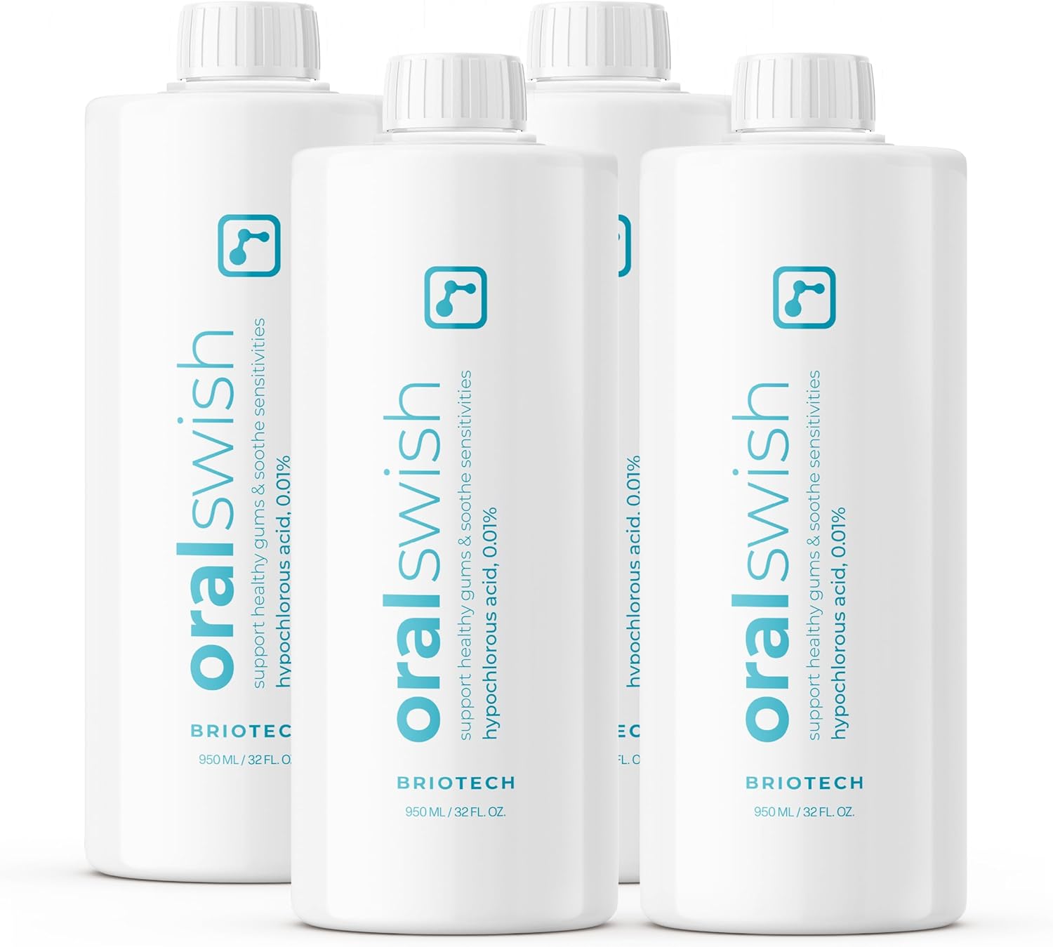 BRIOTECH Oral Swish, Hypochlorous Acid Mouthwash Rinse, Gentle Oral Care Hygiene, Fight Bad Breath, Support Against Plaque, Gum Irritation & Tender Gums, Alcohol & Fluoride Free, 32 fl oz (4 Pack)