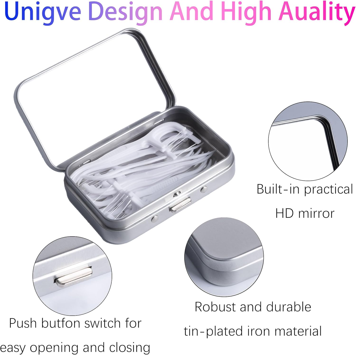 2Pack Dental Floss Portable Case,Refillable Portable Floss Pick Holder Container with Mirror,Small Floss Dispenser for Travel, Dates,Dinners and Hotels(Silver)