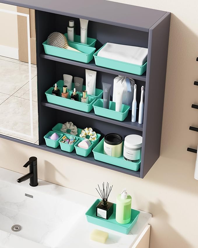 25 PCS Plastic Drawer Organizers Set, 4-Sizes Vanity and Makeup Organizer, Desk and bathroom Drawer Organizer Trays, Organizers and Storage for Makeup, Jewelry, Gadgets, Utensils (Blue)