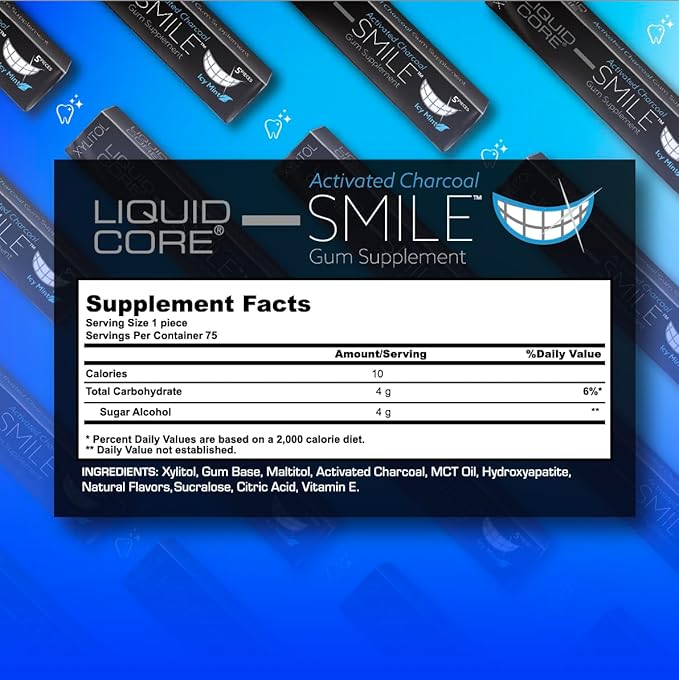 Liquid Core Smile Activated Charcoal Gum with MCT Oil, Hydroxyapatite, and Xylitol – Teeth Cleaning Gum, Icy Mint Sugar-Free Gum (15 Pack)