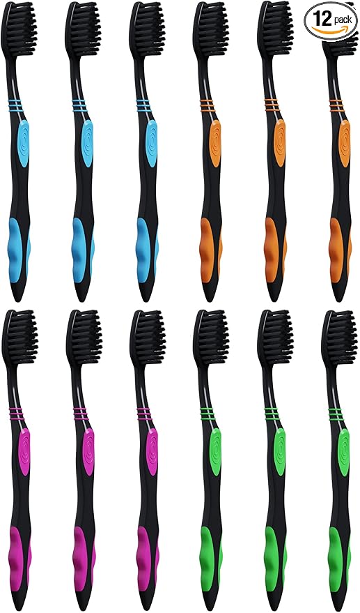 Charcoal Toothbrushes - Deep Clean Charcoal Soft Bristle Toothbrush - Multi Colored - Individually Wrapped - with Covers, for Travel, Kids, Family, Dental Care 12 Pack