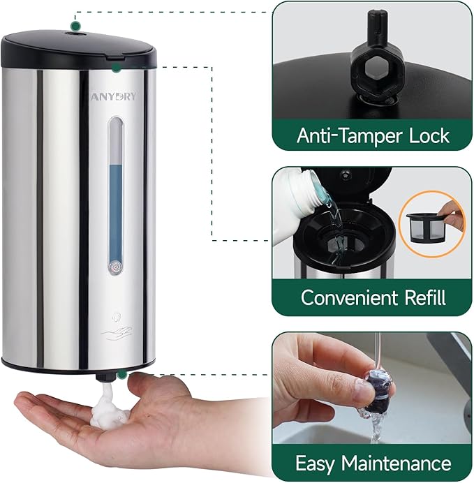 Automatic Foaming Soap Dispenser Wall Mounted 25oz (750ml) Polished Stainless Steel with Sturdy Metal Mounting Plate Commercial Touchless