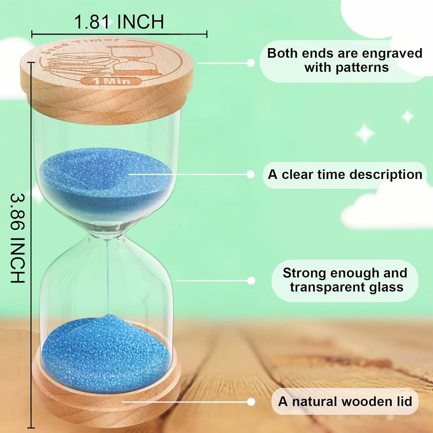 10 Minute Sand Timer, Wooden Hourglass Sand Clock, Small Wood Blue 10 Min Hour Glass, Sandglass for Brushing Teeth, Reloj De Arena, Classroom, Game, Kitchen, Home, Office