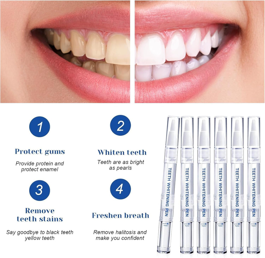 Teeth Whitening Pen - (6 Pack) Professionally Stain Removal Teeth Whitening Gel Formula,No Sensitivity, Enamel Safe, Travel-Friendly Teeth Whitening Gel Pen, Gentle Formula （Transparent）