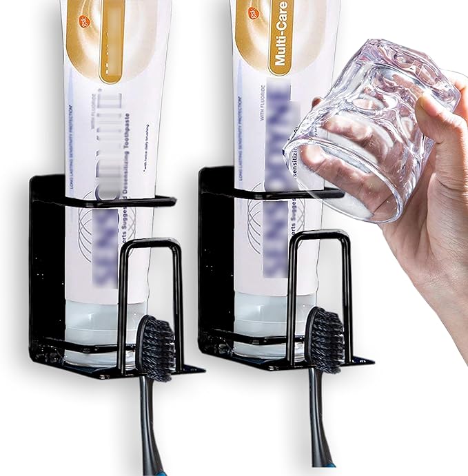 HANZE Toothbrush Holder 304 Stainless Steel Adhesive Wall Mounted 3 in 1 with Toothbrush Holder Toothpaste Holder and Cup Holder for Bathroom Shower, 2 Pack(Black)