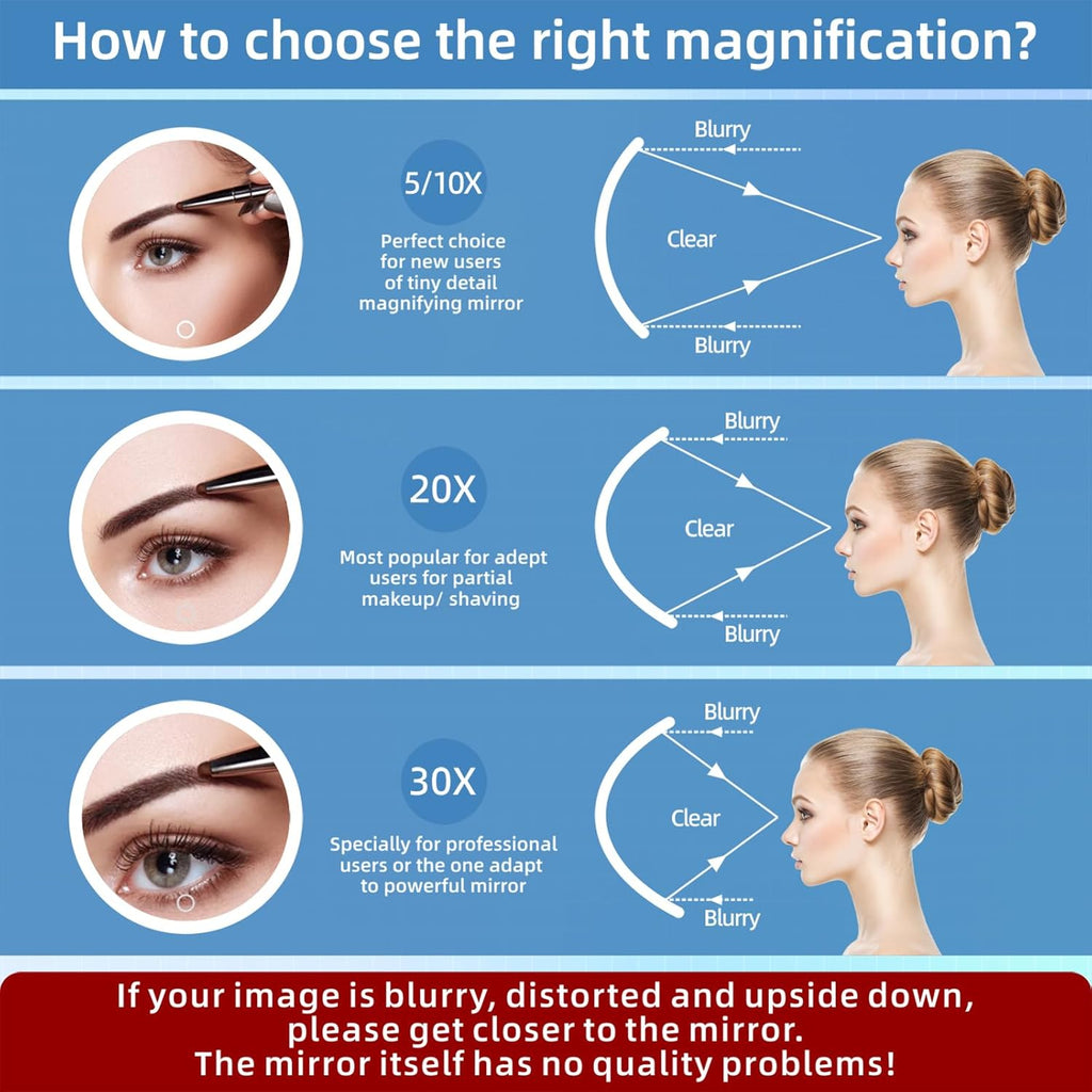 Rechargeable 30X LED Magnifying Mirror with 3 Colors Modes Dimming Light, 6" Makeup Mirror with 3 Suction Cups and 360 Table Stand