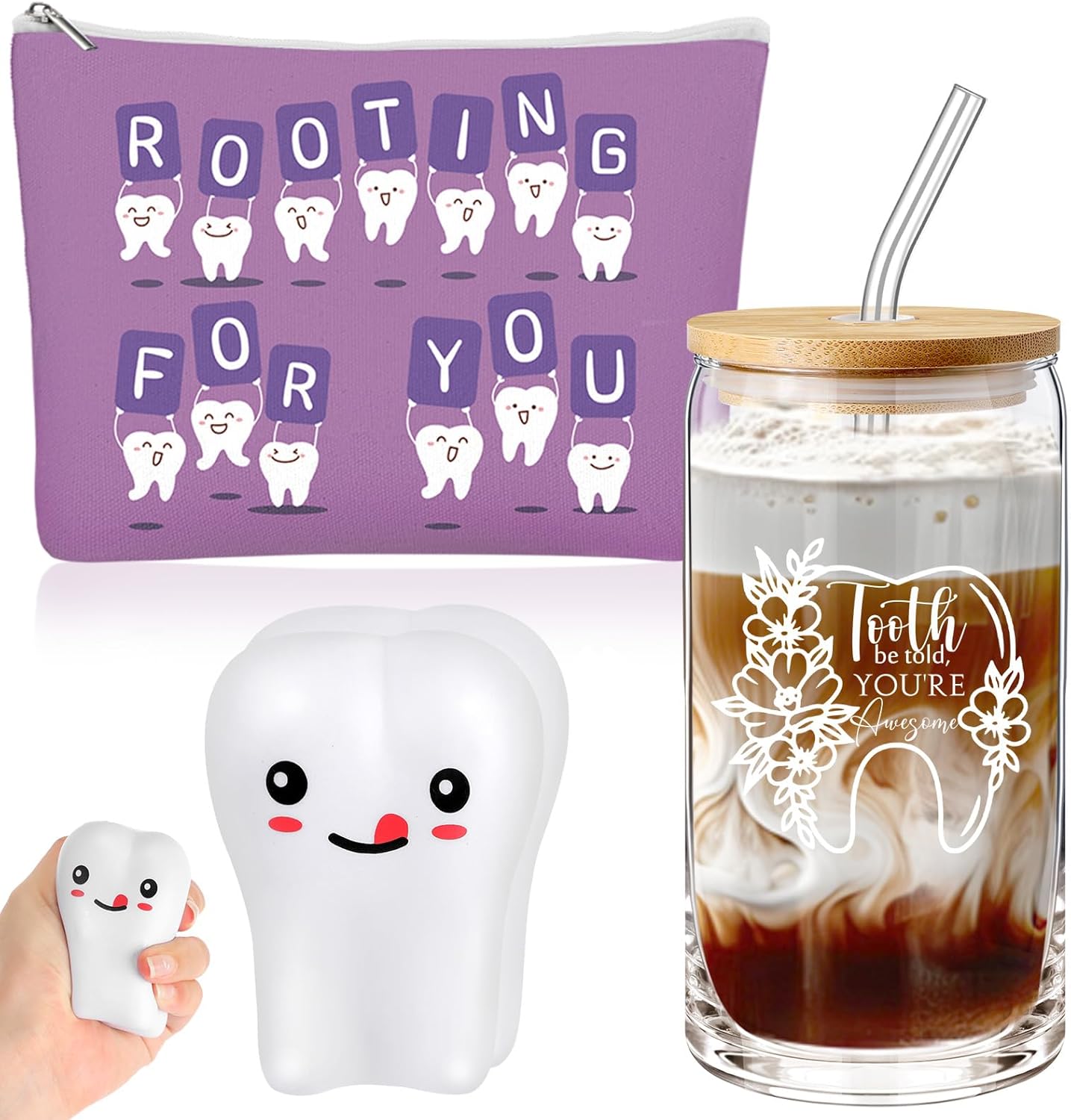 Sliner 3 Pcs Dental Hygiene Gifts Assistant Hygienist Gifts 16 oz Glass Cups Makeup Bag Teeth Stress Toy for Women Coworkers Nurse Dentist Retirement Graduation Christmas Birthday Gift(Purple)