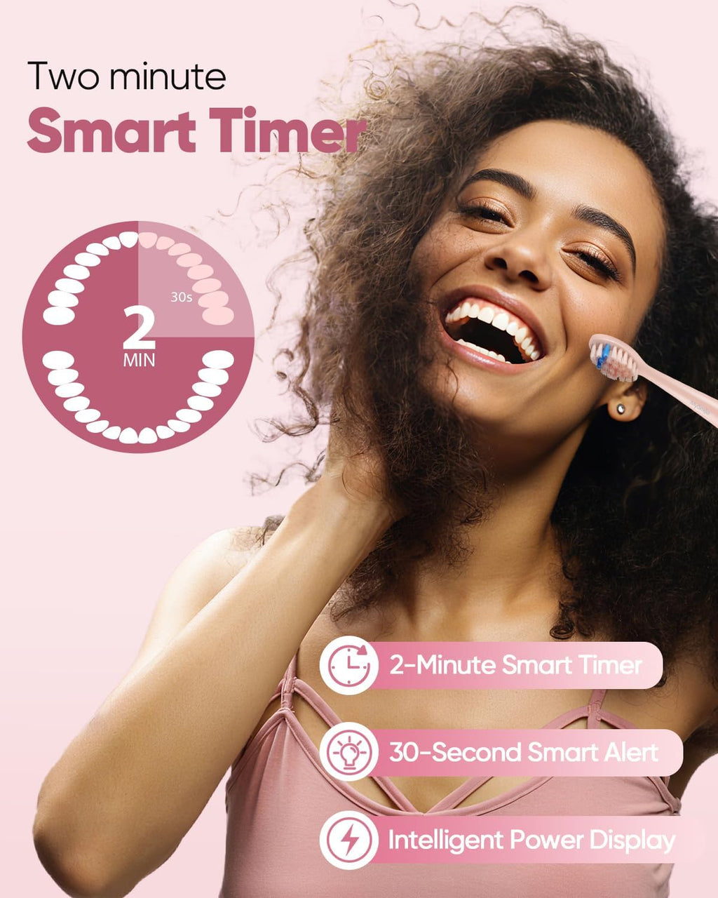 MySmile DY156 Electric Toothbrush for Adults, Rechargeable Sonic Battery Toothbrush Portable with 3 Brush Heads, 2 Mins 5 Modes Smart Timer, 45000VPM, One Charge for 60 Days - Pink