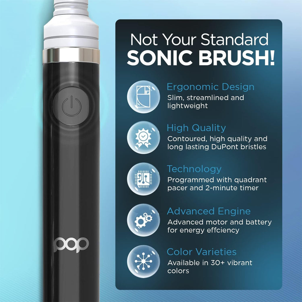 Pop Sonic Electric Toothbrush (Black) - Travel Toothbrushes w/AAA Battery | Kids Electric Toothbrushes with 2 Speed & 15,000-30,000 Strokes/Minute, Dupont Nylon Bristles