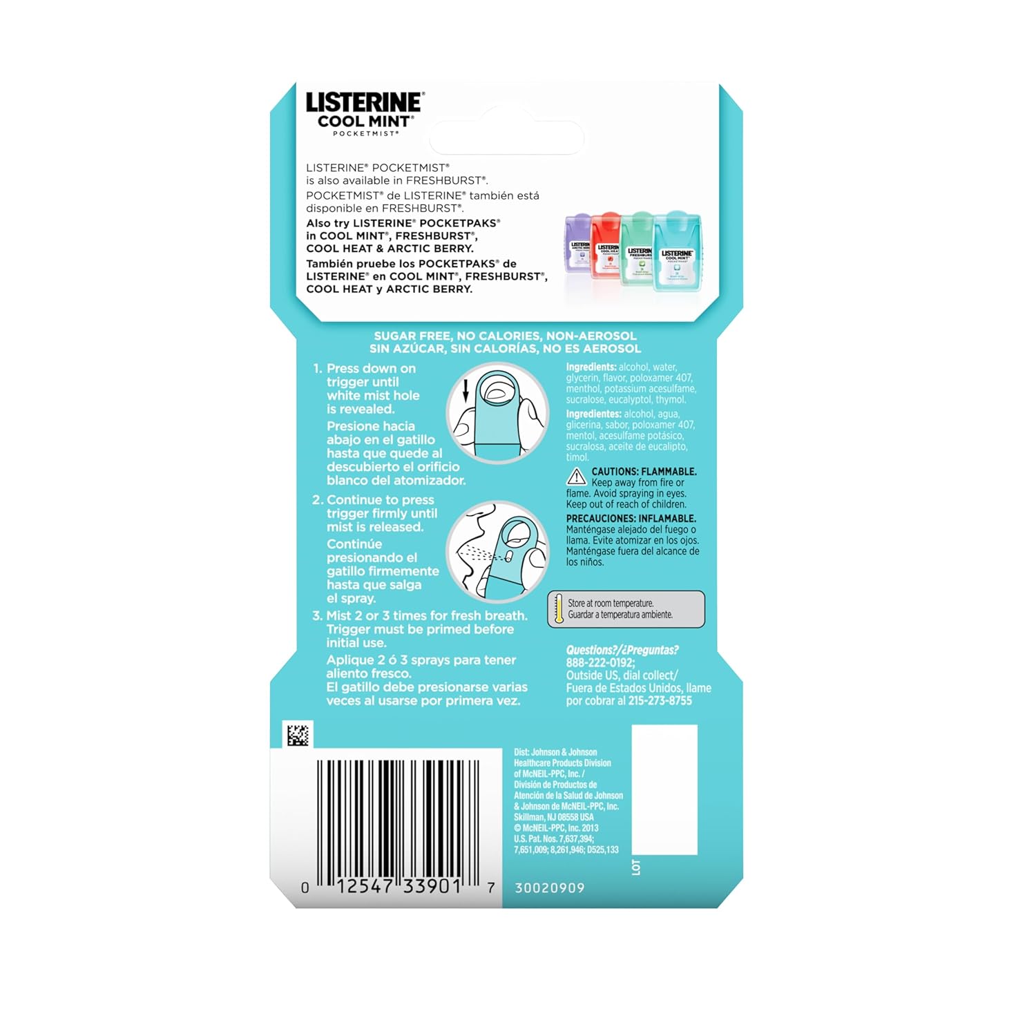 Listerine Cool Mint Pocketmist, Oral Care Mist for Fresh Breath, Non-Aerosol Sugar-Free Bad Breath Refresher Spray to Kill 99% of Bad Breath Germs, Portable, Cool Mint Flavor, 2 Sprays
