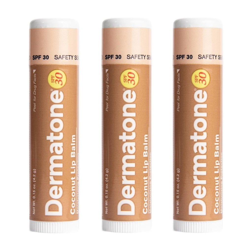 Dermatone Coconut Lip Balm Stocking Stuffer | Moisturizing & Medicated, Aloe & Vitamin E | Chapped and Cracked Lips | SPF 30 | Coconut, 3-Pack 0.15oz sticks