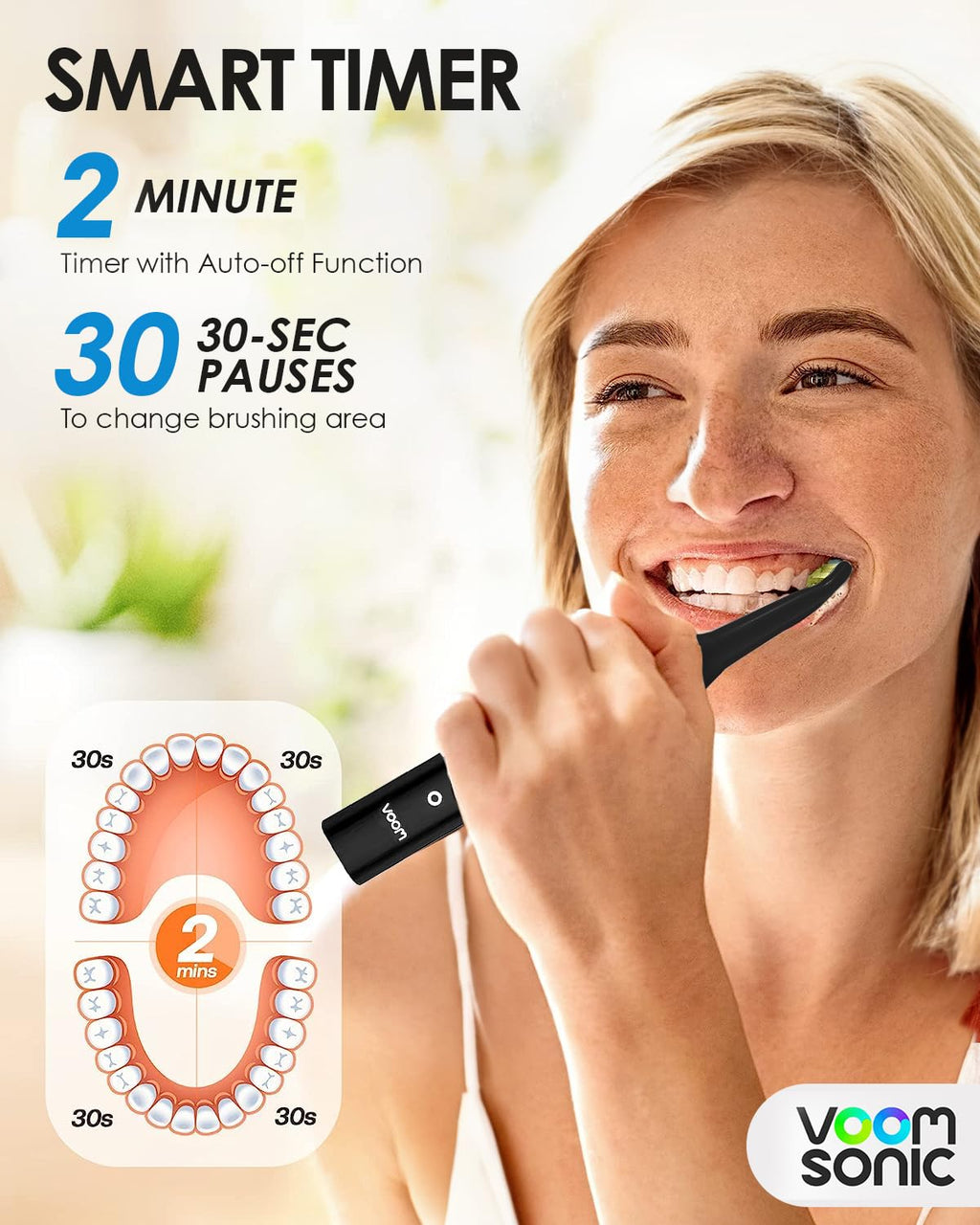 Voom Sonic Pro 7 Series Rechargeable Electronic Toothbrush, Advanced Oral Care Technology, 2-Minute Timer w/Quadrant Pacing, 5 Adjustable Speeds, Magnetic Levitation, 100% Waterproof, Black (VM-20946)