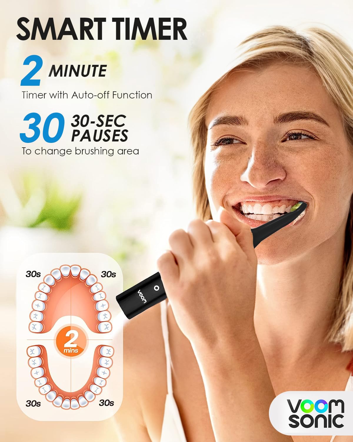 Voom Sonic Pro 7 Series Rechargeable Electronic Toothbrush, Advanced Oral Care Technology, 2-Minute Timer w/Quadrant Pacing, 5 Adjustable Speeds, Magnetic Levitation, 100% Waterproof, Black (VM-20946)
