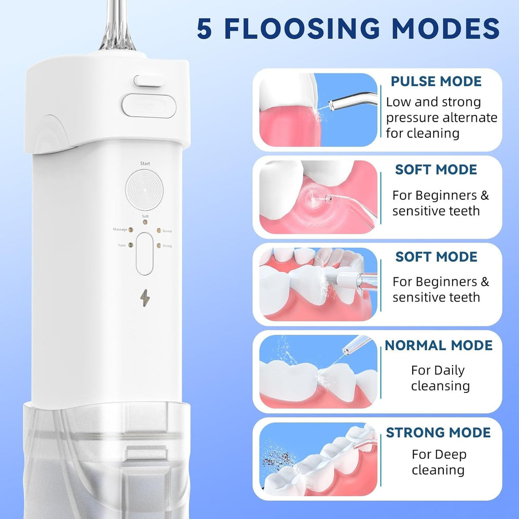 Portable Cordless Water Dental Flosser,Travel Size Collapsible Storage 5 Modes, 200 ML Telescopic Water Teeth Cleaner Pick, IPX 7 Waterproof Rechargeable,5 Jet Tips 360°Rotation (White)