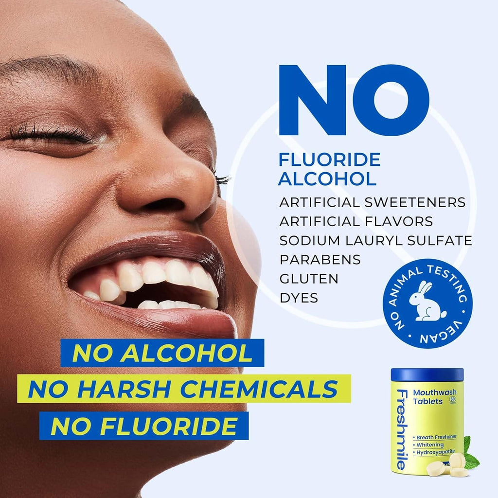 Travel Mouthwash Tablets for Smokers - Fluoride & Alcohol-Free, Xylitol & Nano-Hydroxyapatite (NHA) for Bad Breath Treatment & Natural Whitening, Mint Flavor (60 Count)