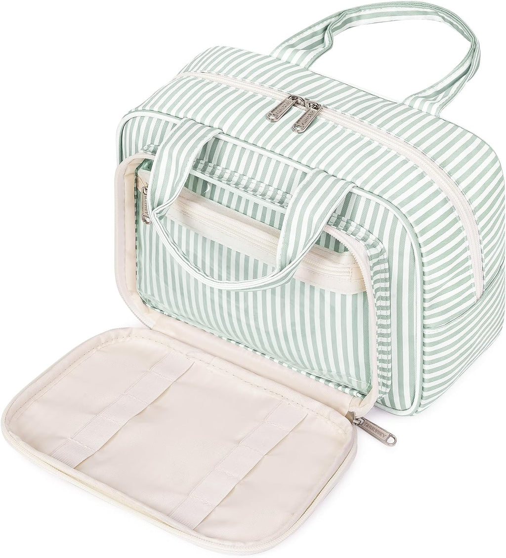 Narwey Large Travel Toiletry Bag for Traveling Women, Cosmetic Makeup Bag Make Up Organizer, Striped Travel Bag for Toiletries with Handle (Mint Green Stripe)