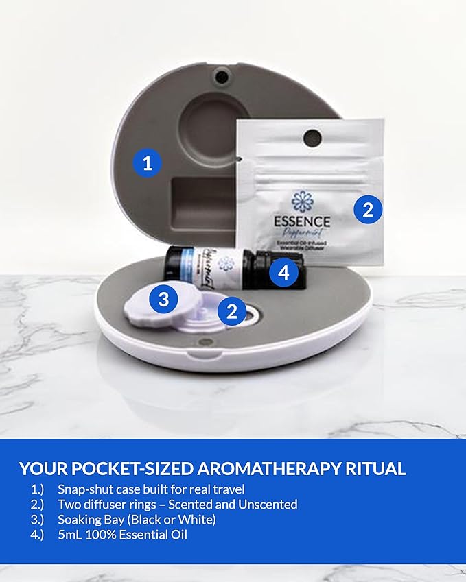 Essence Pearl Travel Case - Wearable Aromatherapy Kit with Nasal Diffuser Rings, Soaking Bay, and 5mL Essential Oil – Portable Wellness Gift Set for On?The?Go Self Care