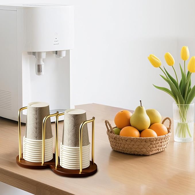 Wood Bathroom Cup Holder 3oz-8oz, Stylish Walnut Disposable Cup Dispenser, Plastic Mouthwash Cup Storage Organizer for Cups (Under 3.35in Diameter) -Perfect for Office, Kitchen, Gym, School or Cafes