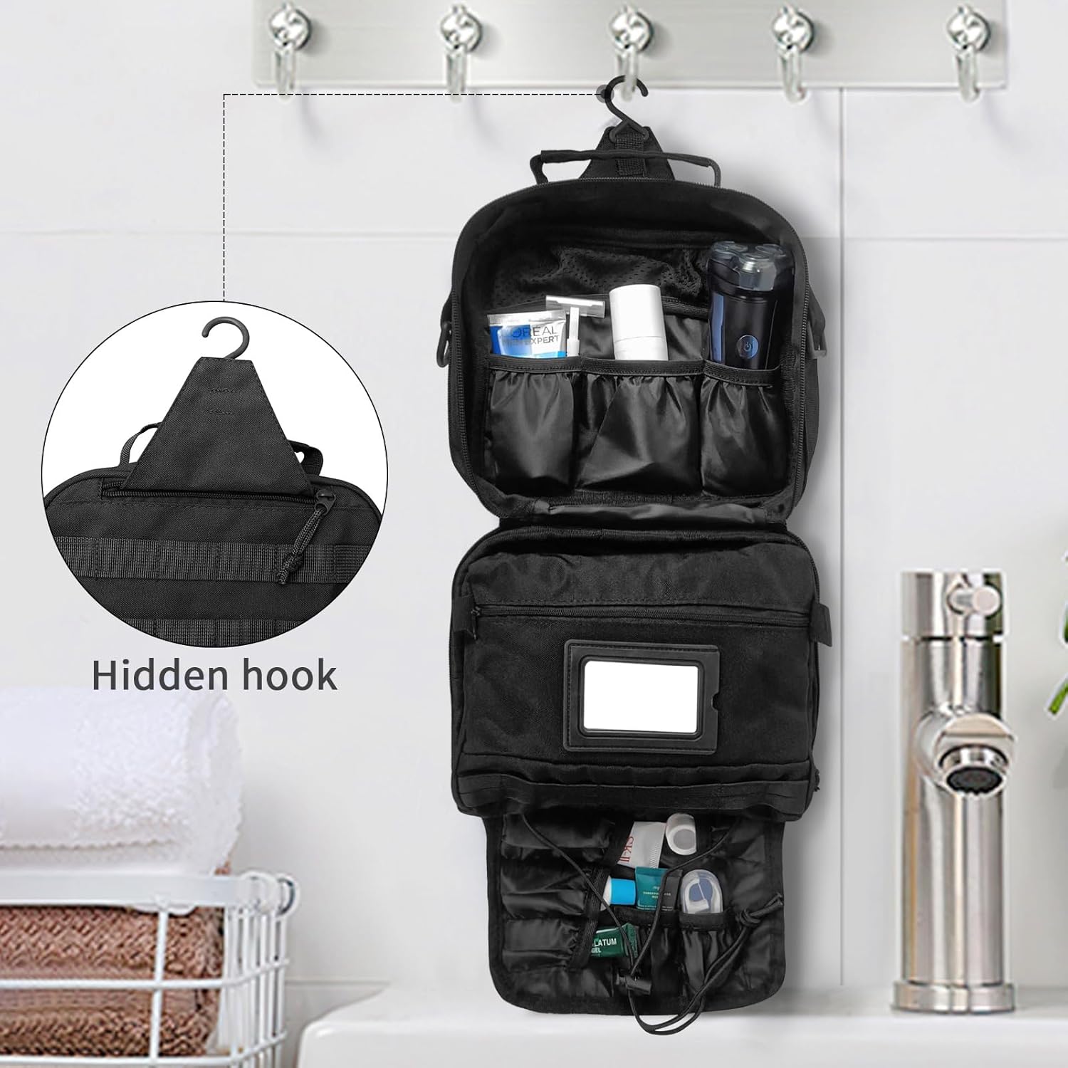 Tactical Travel Toiletry Bag for Men and Women, Hanging Travel Toiletries Organizer Dopp Kit, Toiletry Shaving Hygiene Bag,Bathroom Essentials Men's Toiletry Bag for Short Trips Camping - Black