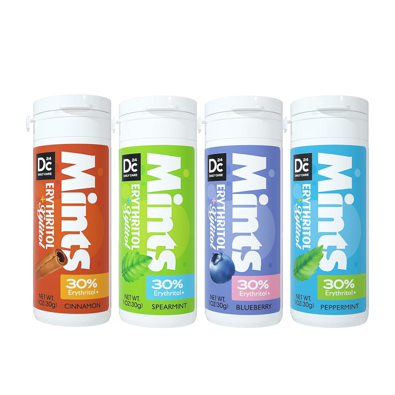 DC24 DAILY CARE Xylitol Mints | No Aspartame | Sugar Free | Low-Calorie with Erythritol | Breath Mints Dry Mouth Diabetic Friendly | Assorted Flavors 30 Pieces (Pack of 4)