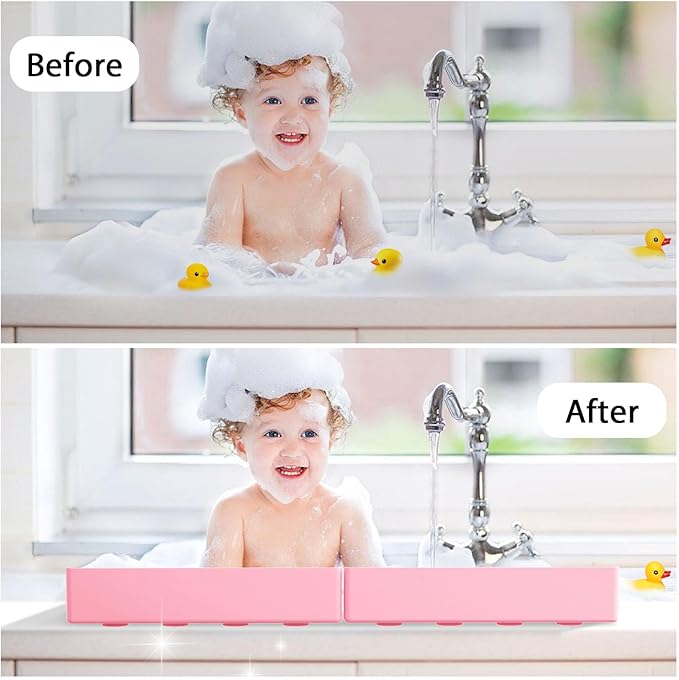 2Pack Bath Tub Splash Guard for Kids - Silicone Tub Water Splash Guard with 4 Suction Cups, Bath Toy Tray Holder, Tub Shelf for Kids, Bathroom Accessories for Children, Toddler & Baby Bath, Pink