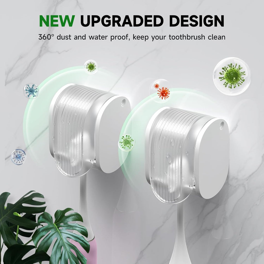 2 Pcs Toothbrush Holders Wall Mounted, Single Slot Design, Shower Self Adhesive Wall Mounted Toothbrush Holder with Cover, Waterproof and Dustproof, Suitable for Bathroom, Family, Travel (Transparent)