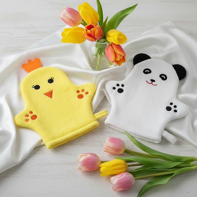 2PCS Baby Bath Mitt Washcloths Gloves Panda Chicken Toddler Soft Washcloths for Kids Designed in Cute Animal Towel Gentle Scrub for Baby Girl Boy Bath Shower