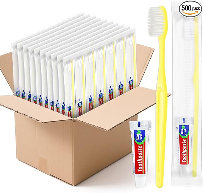 Yellow Disposable Toothbrushes with Toothpaste - Pack of 500,Individually Wrapped Single Use Travel Toothbrushes Kit Bulk for Homeless,Guests,Hotel,Dentist