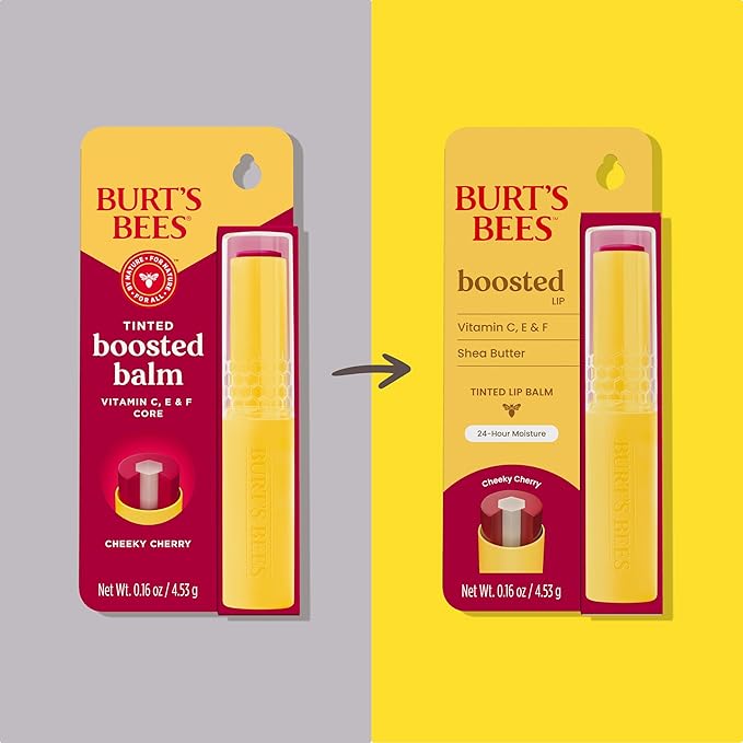Burt’s Bees Stocking Stuffers, Tinted Boosted Balm, Cheeky Cherry, Hydrating Tinted Lip Balm, 24 Hour Lip Moisturizer with Responsibly Sourced Beeswax, 100% Natural Origin, 1 Count, 0.16oz