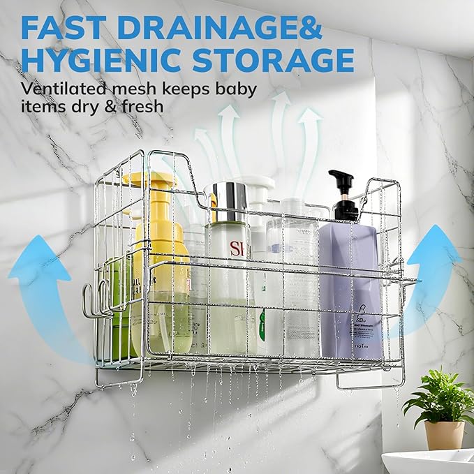 Umimile 304 Stainless Steel Bath Toy Holder - 8.6L Rustproof Baby Bathtub Toy Storage with Quick-Dry Drain Holes, Mold Resistant Design for Toys/Shampoo, 3-Way Mount (Wall, Hanging, Stand)
