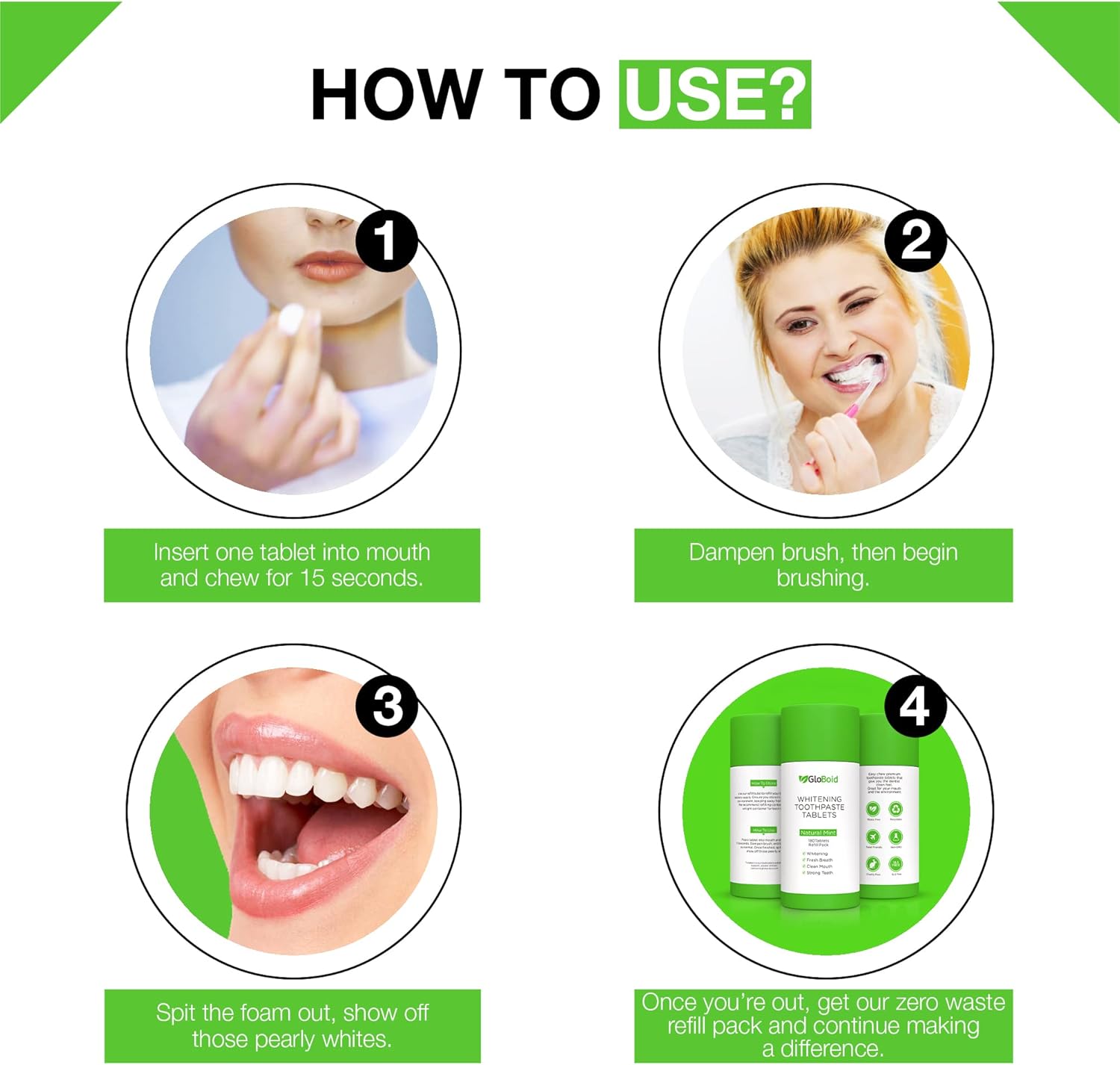 GloBoid Nano Hydroxyapatite Toothpaste Tablets 3 Month Refill, Zero Waste, Eco Friendly & Plastic Free Toothpaste Tabs, Toothpaste Bites Perfect for Travel - Mint