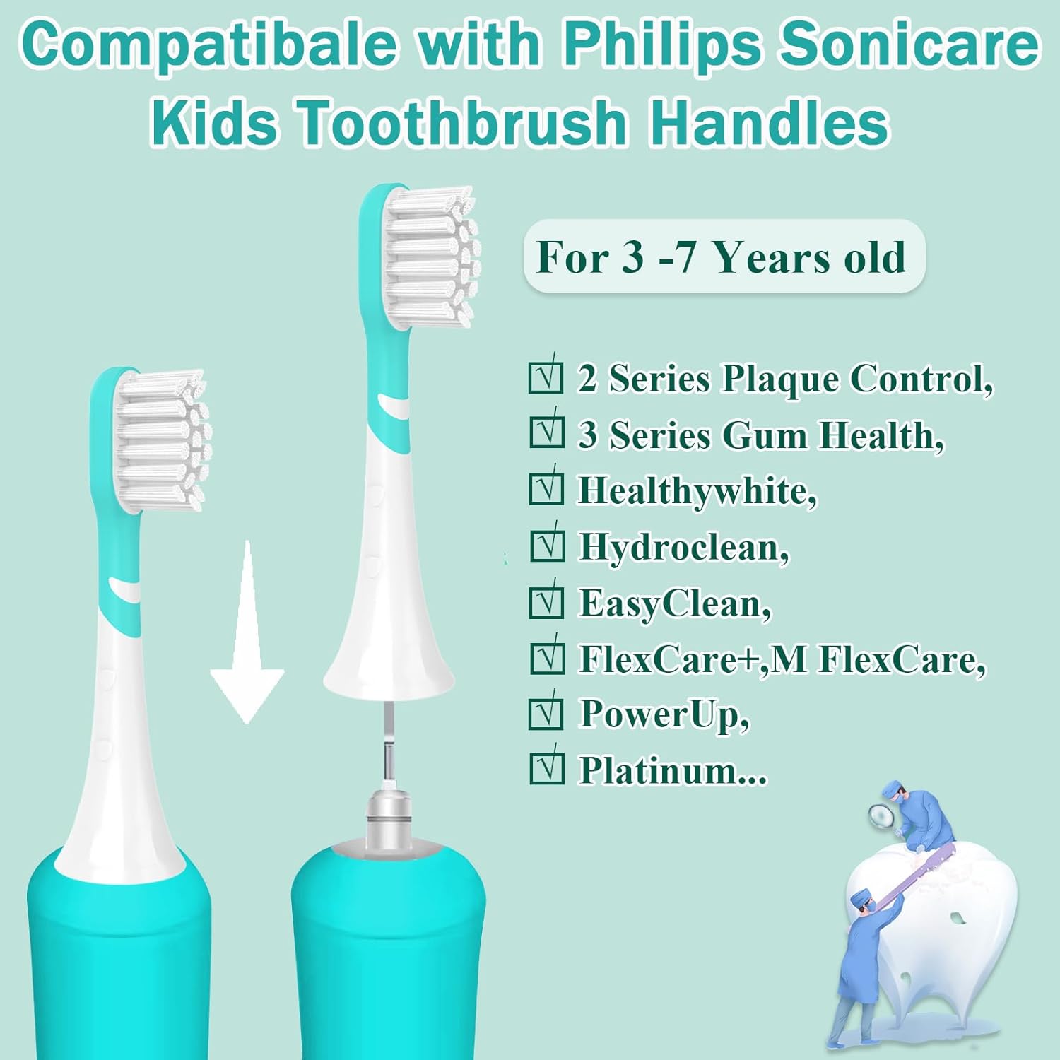 Kids Toothbrush Heads Compatible with Electric Philips Sonicare Handle 6032/94 6321 6340 6042 6320 6330, Replacement Heads Compact for Child 3-7 Years Old, Mini Brush Heads with Caps, 8 Pack Green