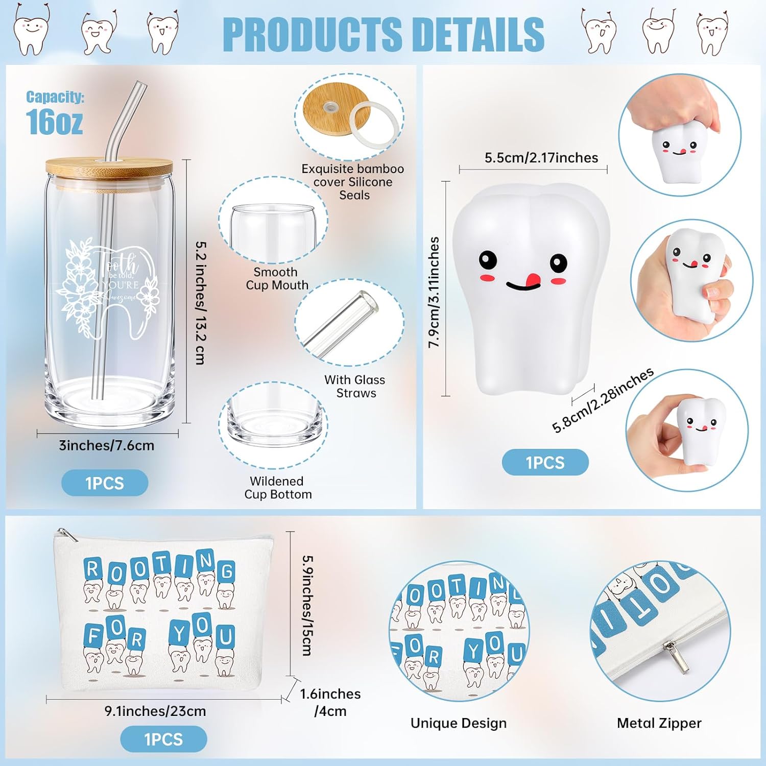 Sliner 3 Pcs Dental Hygiene Gifts Assistant Hygienist Gifts 16 oz Glass Cups Makeup Bag Teeth Stress Toy for Women Coworkers Nurse Dentist Retirement Graduation Christmas Birthday Gift(White)