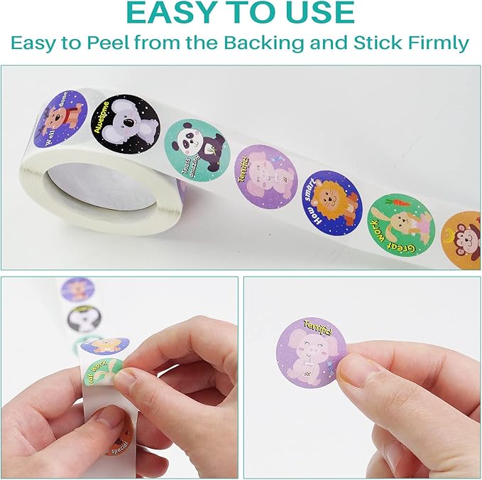 1000 pcs Animal Stickers for Kids,Cute Motivational Stickers for Kids Teachers Classroom School,16 Designs Reward Sticker (1 Inch / 2 Rolls)